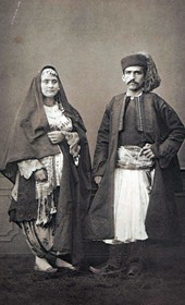 (1. right) Muslim man from Shkodra; (2. left) Muslim woman from Shkodra (source: Les Costumes populaires de la Turquie en 1873, Constantinople 1873, plate 15)