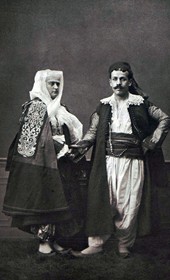 (1. right) Christian man from Shkodra; (2. left) Christian woman from Shkodra (source: Les Costumes populaires de la Turquie en 1873, Constantinople 1873, plate 16)