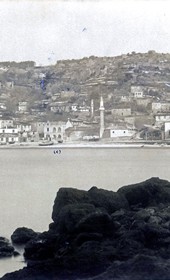 Ulqin/Ulcinj, Montenegro. “The town of Ulqin (Ülgün) with the harbour and market quarters. Harbour-side Mosque (İskele Cami-i  Şerifi).” [Written on the inside margin, right to left]: “(1) Imperial Ottoman Consulate, (2) Konak of the Voyvoda, (3) Harbourmaster's office.” Sultan Abdul Hamid Photo Collection, Istanbul University Library, No. 91243-0112